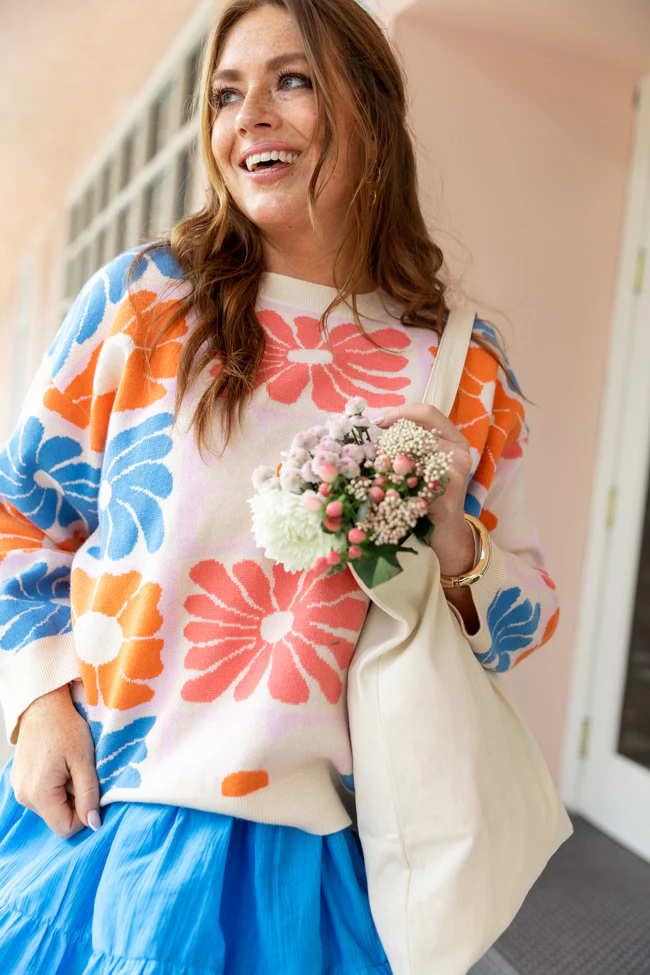 Gracious Gardens Blue Multi Block Floral Sweater FINAL SALE - Terpint
