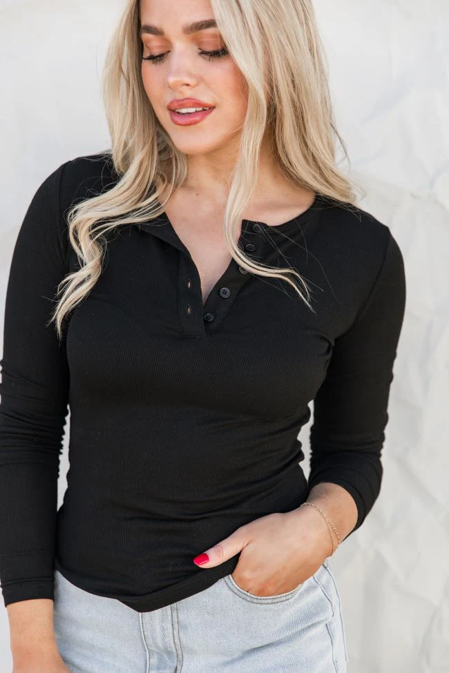 All The Better Black Ribbed Knit Henley Long Sleeve Tee FINAL SALE - Terpint