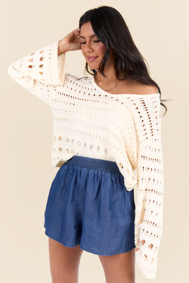 Chasing Daylight Cream Open Knit V-Neck Sweater DOORBUSTER - Terpint