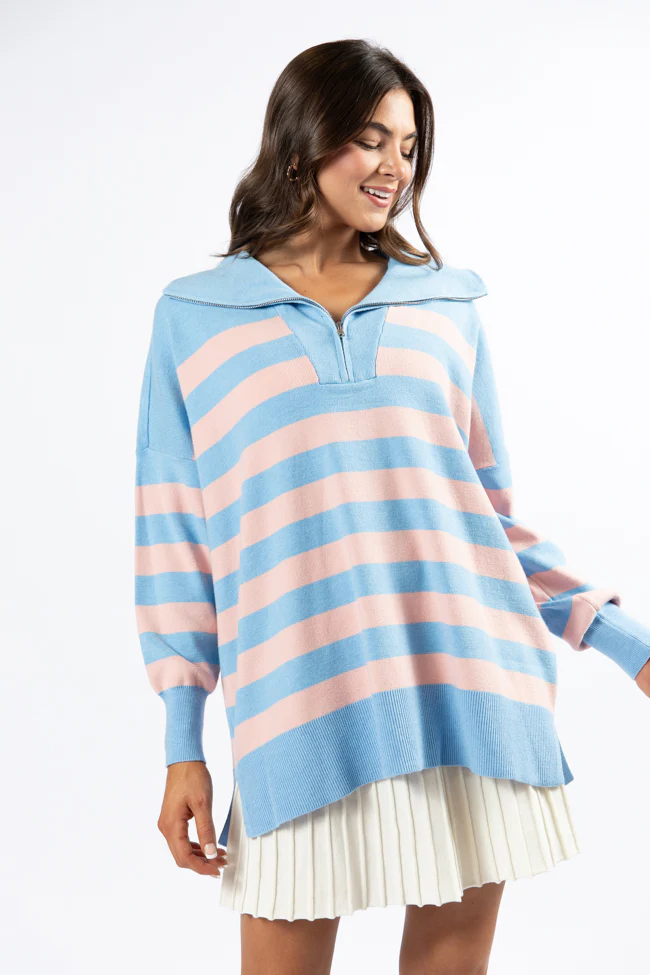 Pulling Heartstrings Blue and Coral Striped Quarter Zip Pullover FINAL SALE - Terpint
