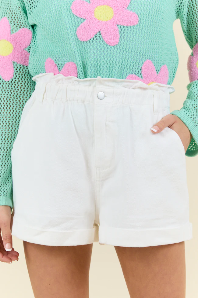 Chill Days Off White Ruffle Waist Denim Shorts FINAL SALE - Terpint