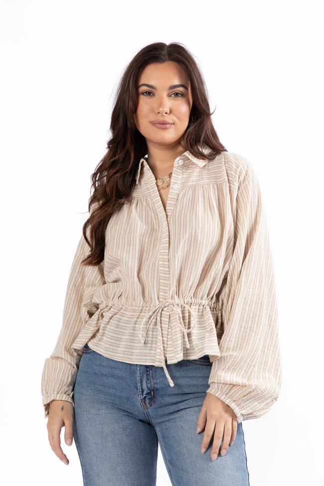 My Hands Are Tied Taupe Striped Drawstring Button Down Blouse FINAL SALE - Terpint