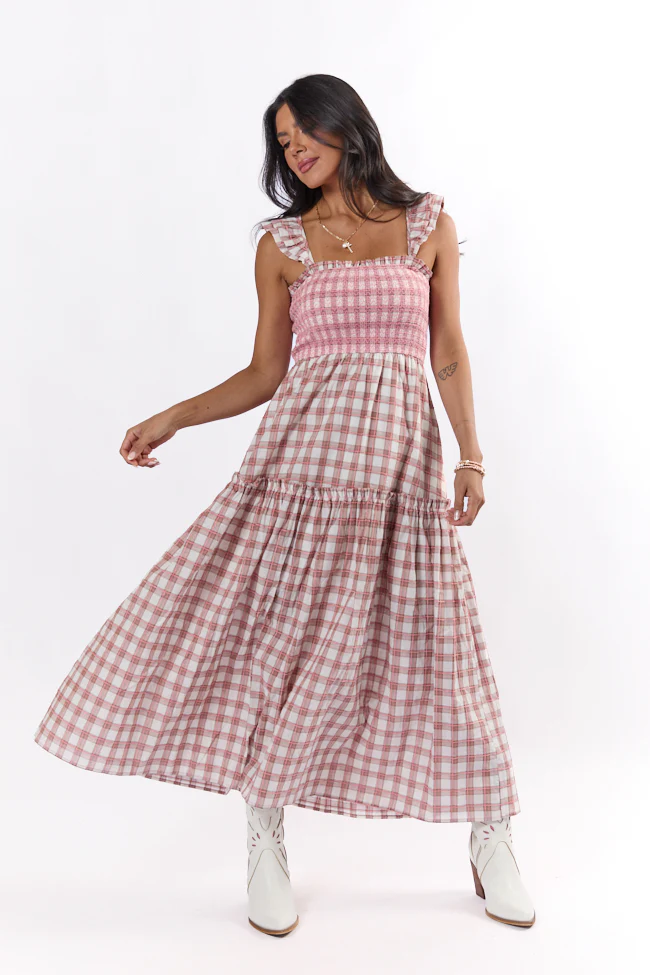 Checked Treasures Pink and Brown Plaid Tiered Midi Dress SALE - Terpint