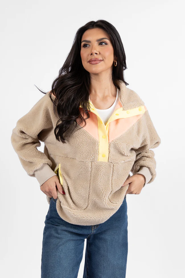 Good Feelings Beige Multi Colorblock Sherpa Pullover FINAL SALE - Terpint