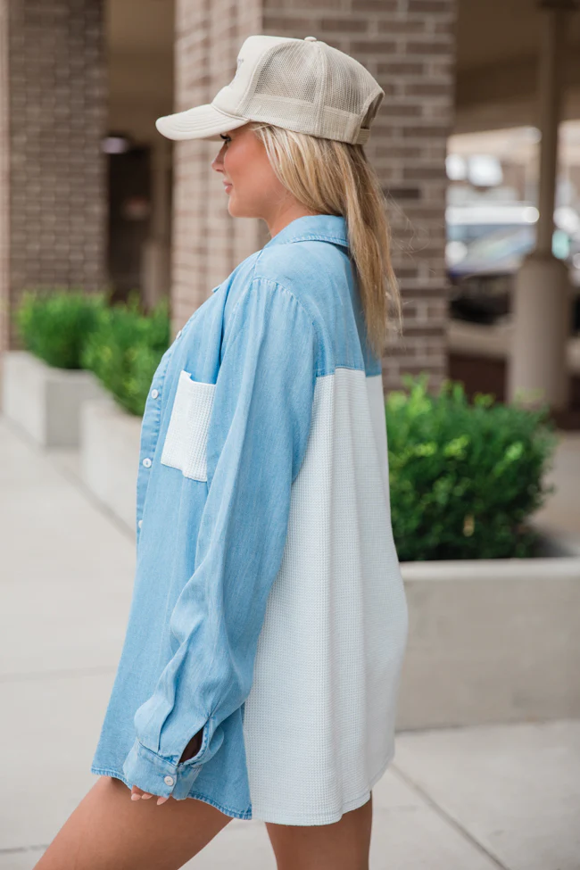 Talk It Over Waffle Detail Chambray Button Front Blouse FINAL SALE - Terpint
