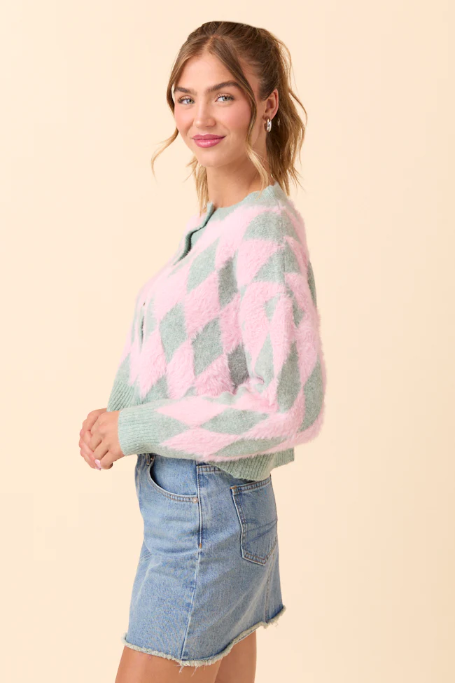Peyton Long Sleeve Pink and Mint Argyle Cardigan - Terpint