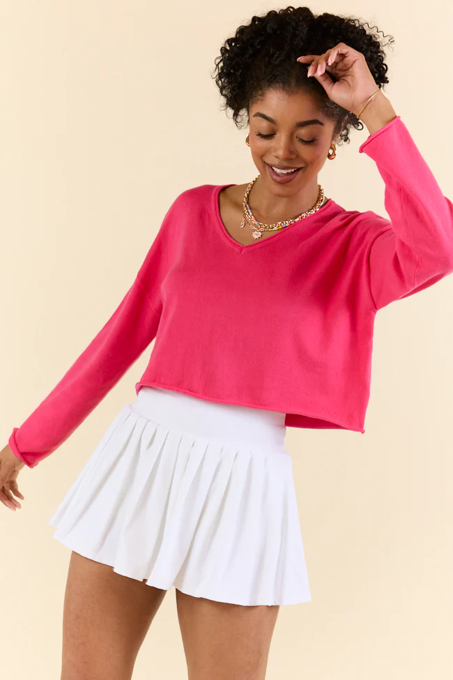 No Bad Days Hot Pink Drop Shoulder V-Neck Pullover SALE - Terpint