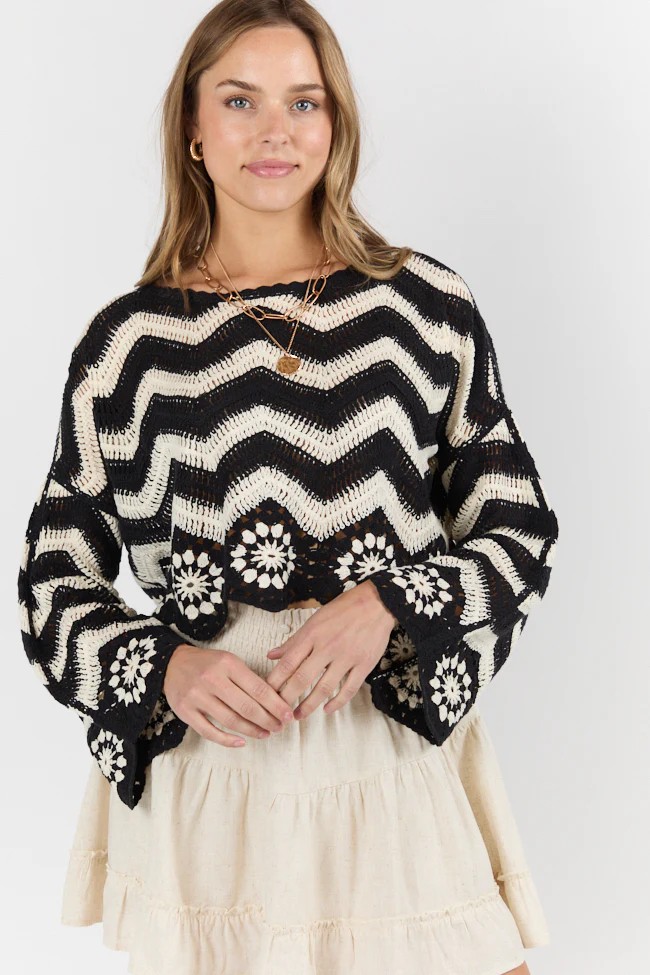 Saltwater Nights Black and Ivory Crochet Sweater DOORBUSTER - Terpint