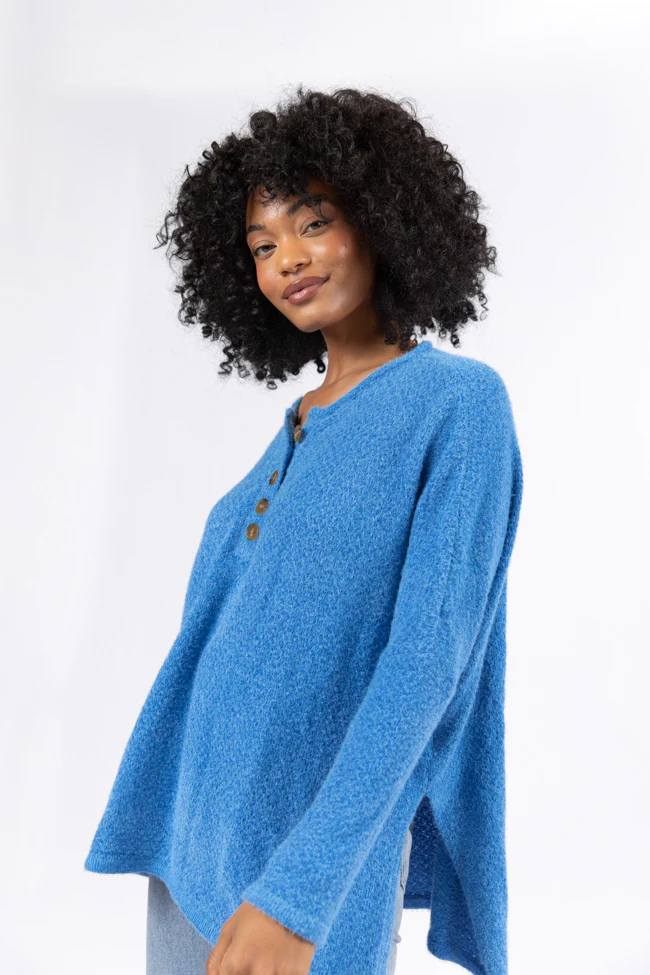 Thinking Of You Blue Fuzzy Henley Blouse FINAL SALE - Terpint