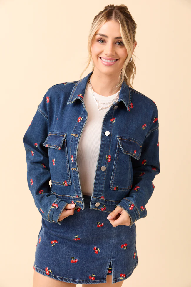 My Favorite Cherry Embroidered Stretch Denim Jacket - Terpint