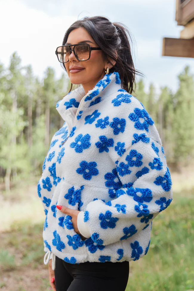 Playing For Keeps Blue and Ivory Floral Print Sherpa Pullover FINAL SALE - Terpint