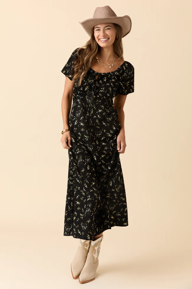 Bethany Black Floral Print Maxi Dress - Terpint