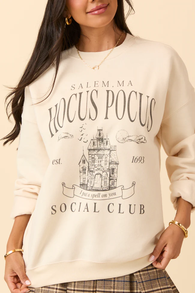 Hocus Pocus Charcoal Print Cream Graphic Sweatshirt DOORBUSTER - Terpint