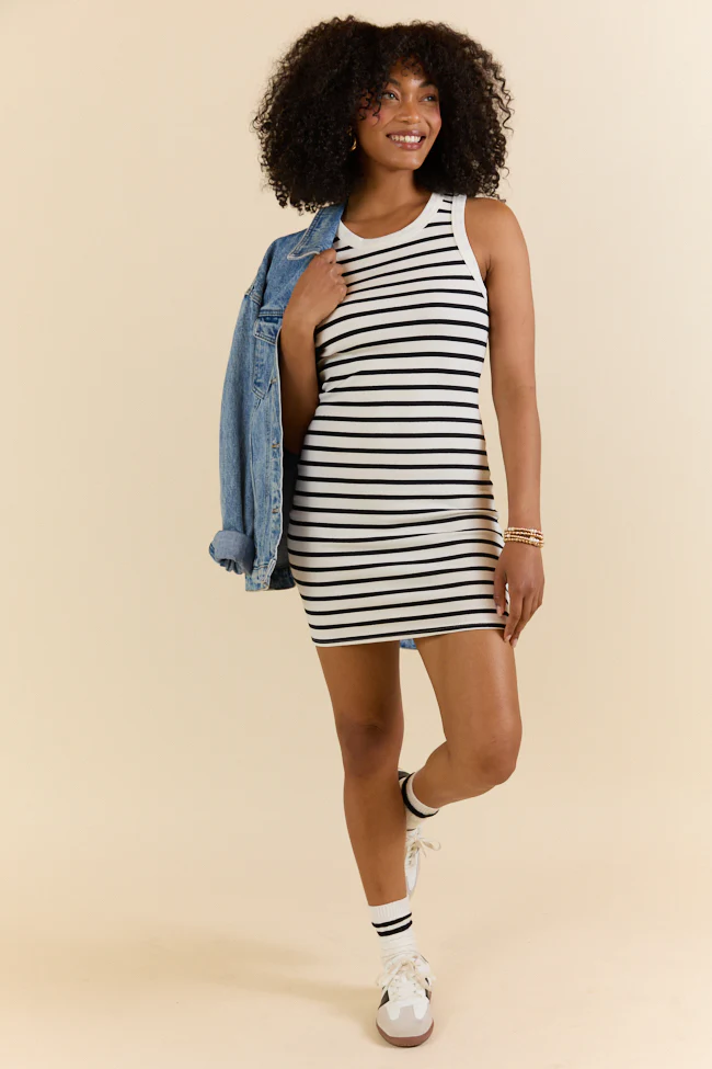 Lead The Way White and Black Striped Knit Dress DOORBUSTER - Terpint