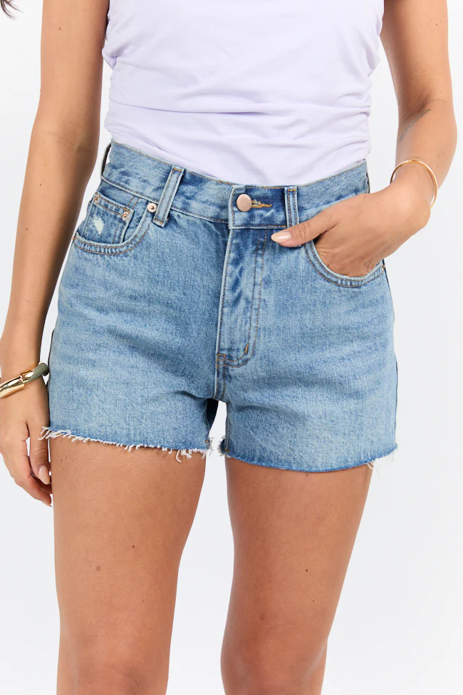 Give It A Go Medium Wash Raw Hem Denim Shorts DOORBUSTER - Terpint