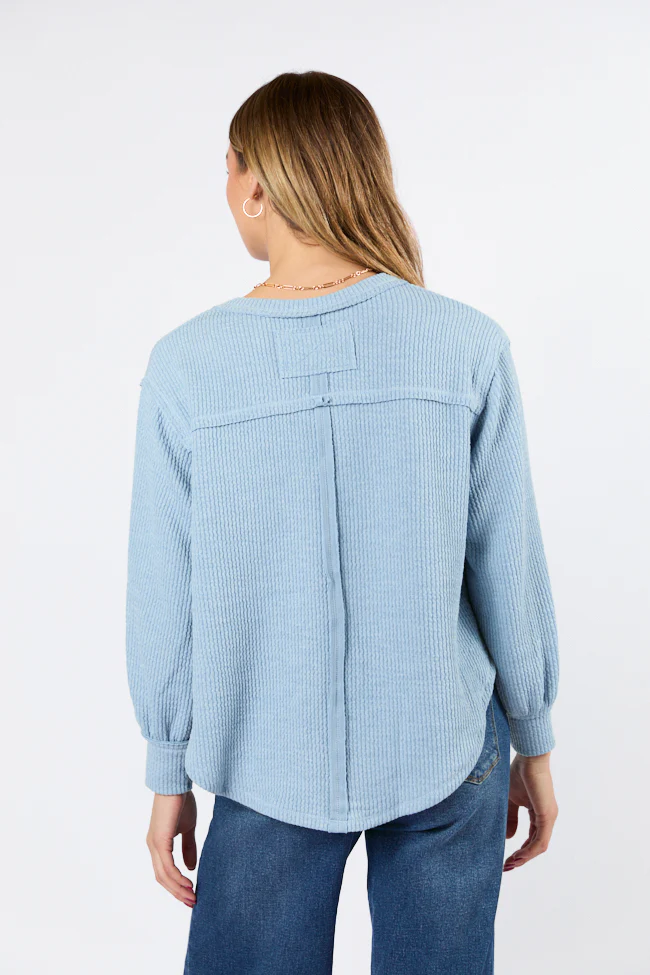 Never Say Never Dusty Blue Ribbed Knit V-Neck Long Sleeve Top FINAL SALE - Terpint