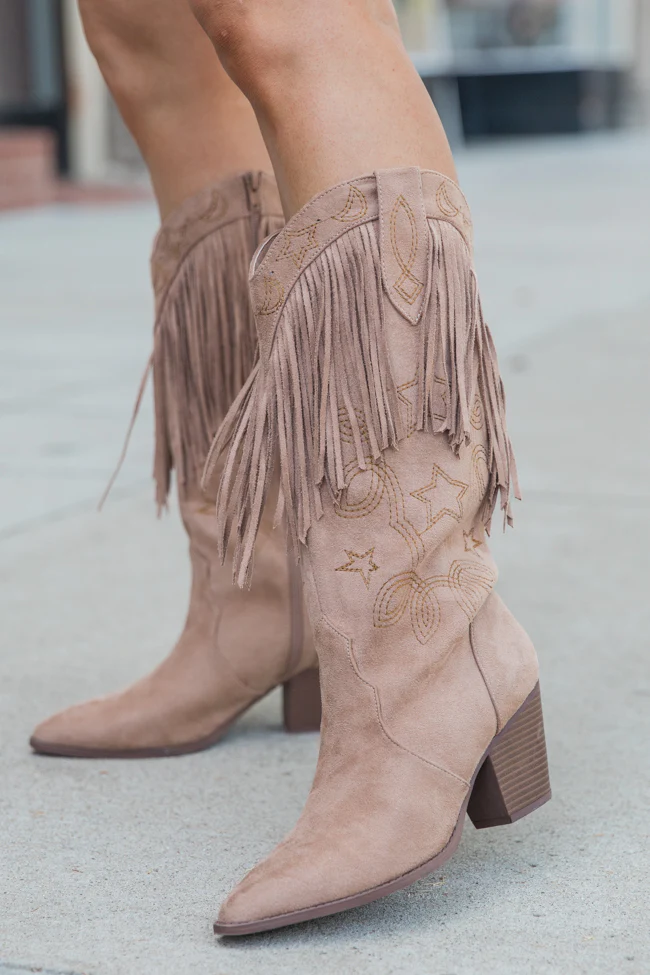Fancy Suede Warm Taupe Fringe and Stars Boots SALE - Terpint