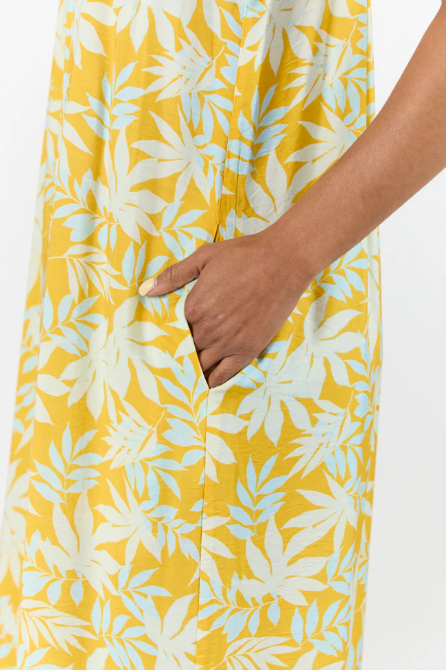 Painting The Sky Yellow Leaf Print Maxi Dress DOORBUSTER - Terpint