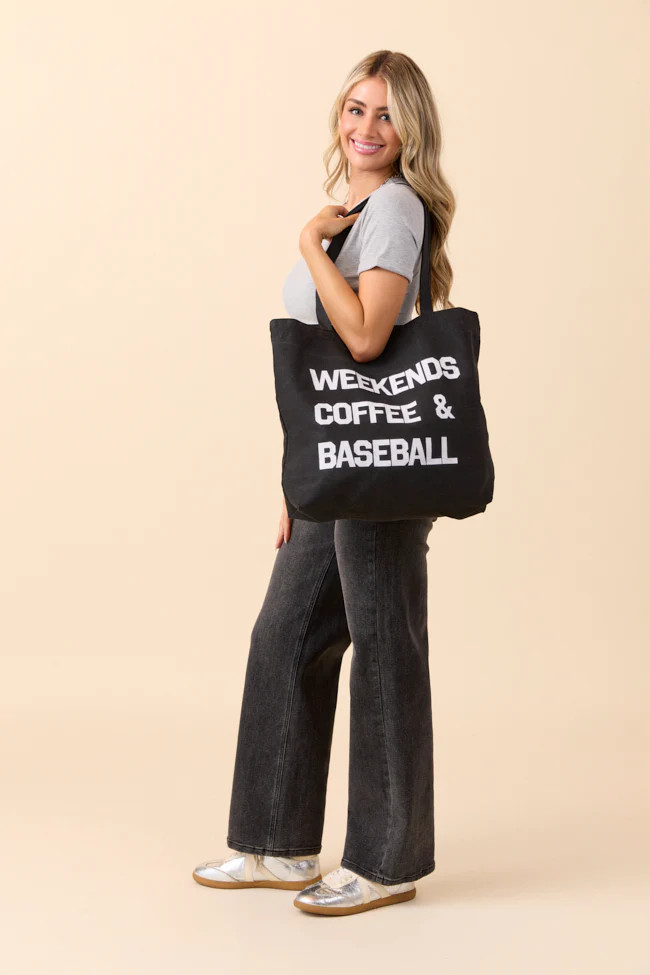 Weekends Coffee and Baseball Washed Black Graphic Tote Bag - Terpint