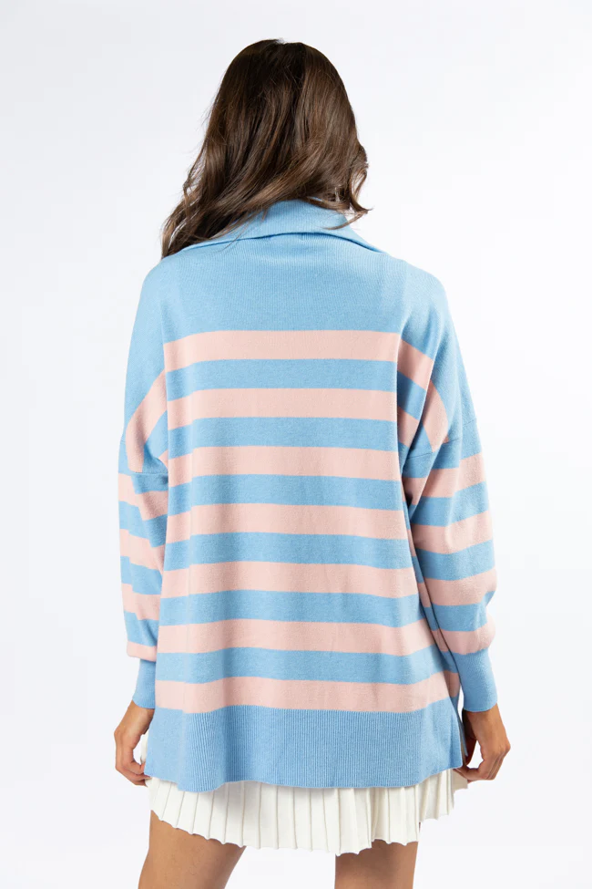 Pulling Heartstrings Blue and Coral Striped Quarter Zip Pullover FINAL SALE - Terpint