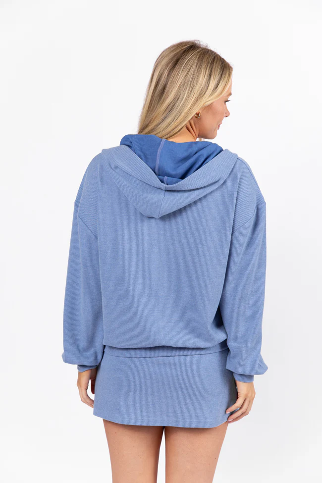 Tried It All Blue Ribbed Knit Full Zip Sweatshirt FINAL SALE - Terpint