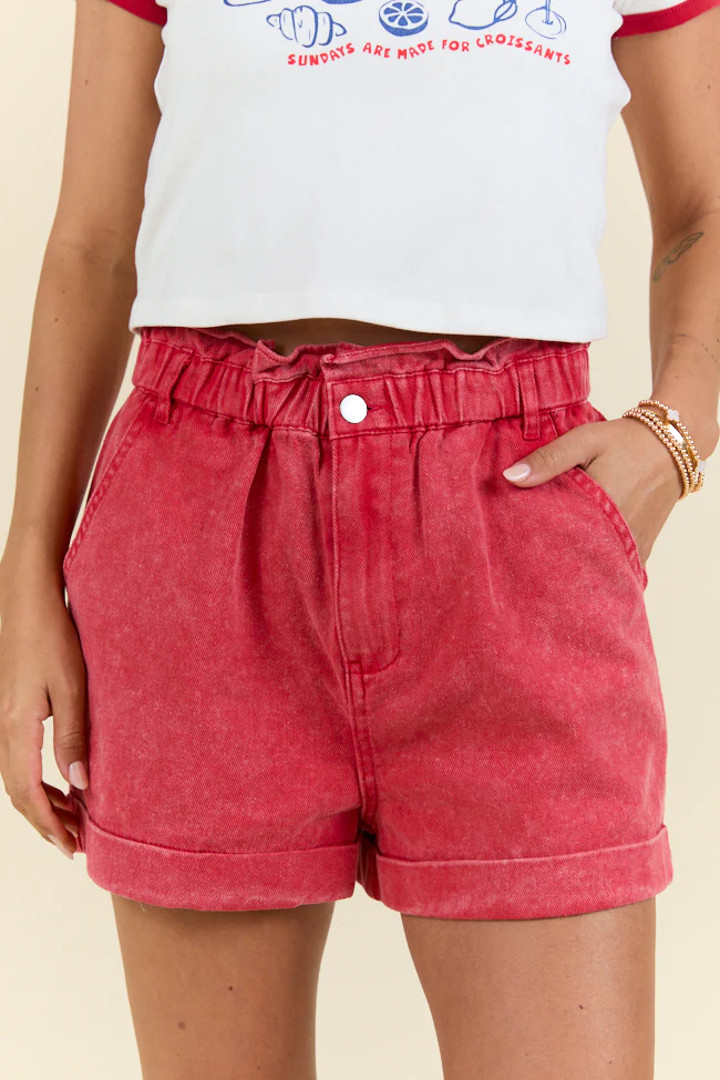 Chill Days Red Ruffle Waist Denim Shorts SALE - Terpint