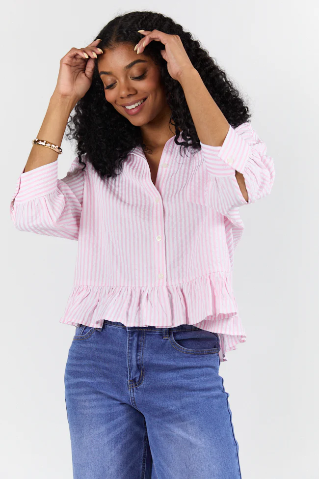 In Depth Pink Ruffle Hem Textured Stripe Button Down Top SALE - Terpint