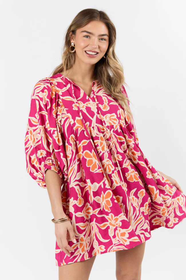 Keep The Flowers Fuchsia Floral Print Long Sleeve Mini Dress FINAL SALE - Terpint