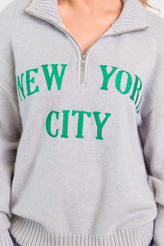 Roll With It Grey and Green New York Embroidered Quarter Zip Sweater FINAL SALE - Terpint
