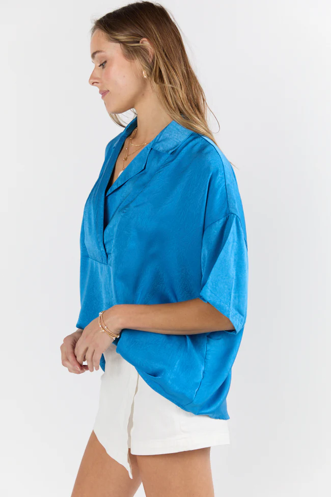 Dramatic Entrance Blue Oversized Satin Collared Blouse FINAL SALE - Terpint