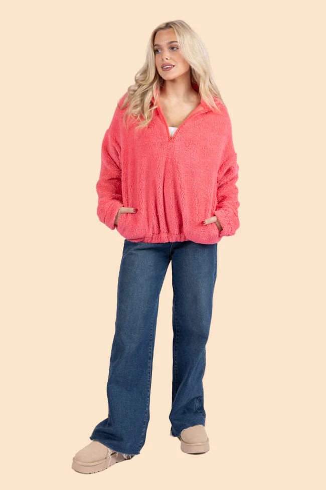 Stay Here Coral Sherpa Pullover DOORBUSTER - Terpint