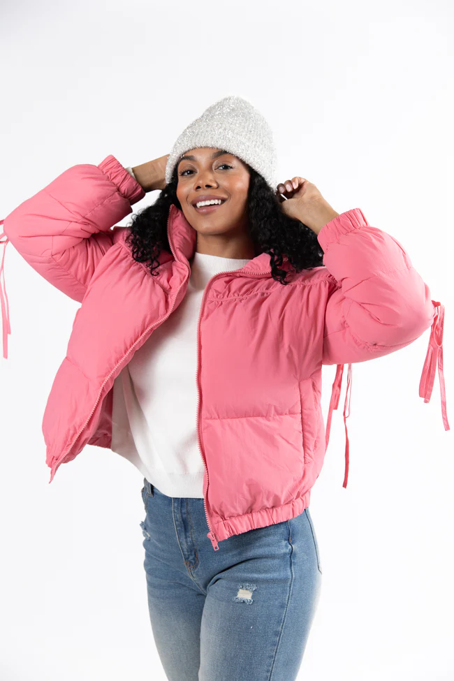 Where You'll Find Me Pink Bow Sleeve Puffer Jacket FINAL SALE - Terpint