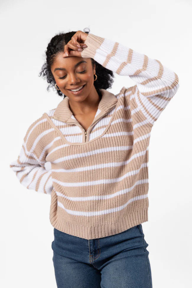 Worth Melting For Beige Striped Color Block Quarter Zip Pullover Sweater FINAL SALE - Terpint