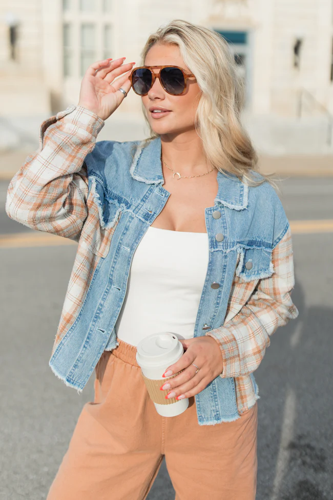 Leads To You Brown Plaid and Denim Jacket FINAL SALE - Terpint