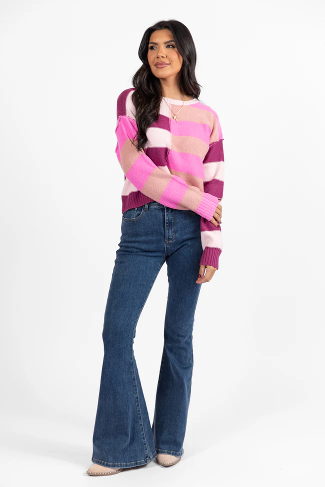 Take Your Time Pink and Berry Multi Color Block Striped Crop Sweater FINAL SALE - Terpint