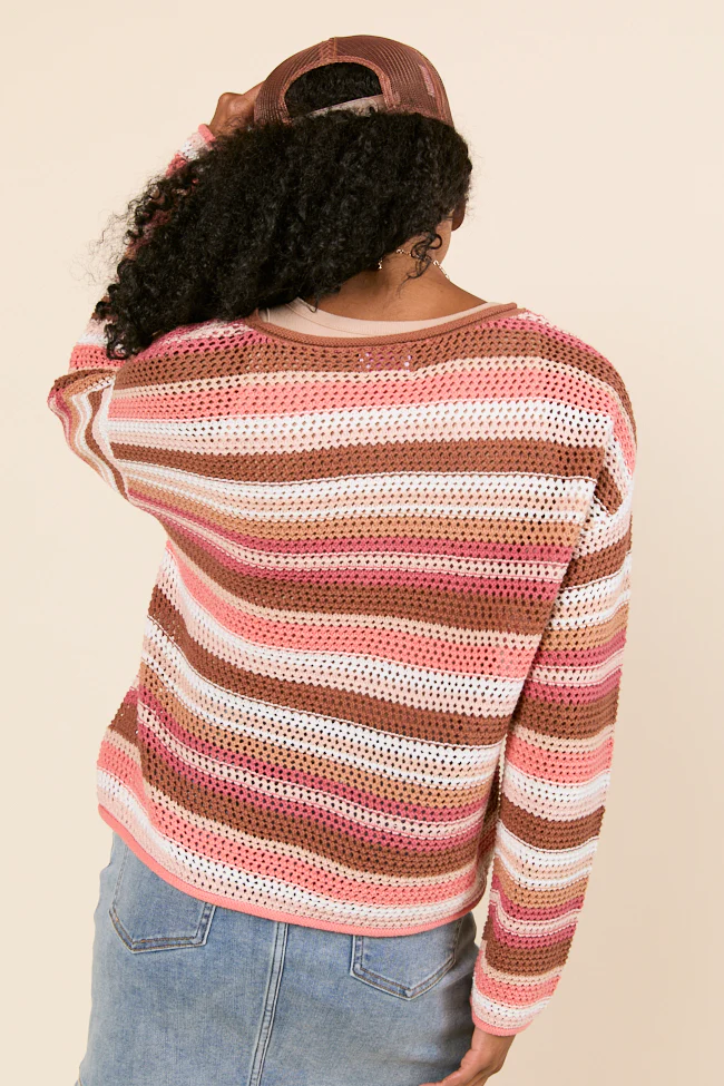 Raelyn Brown Striped Open Knit Sweater - Terpint