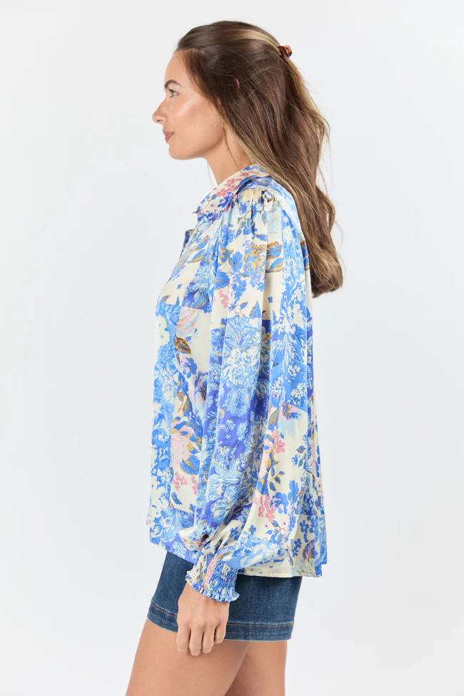 I've Been Waiting Blue Floral Patch Print Satin Button Down Blouse FINAL SALE - Terpint