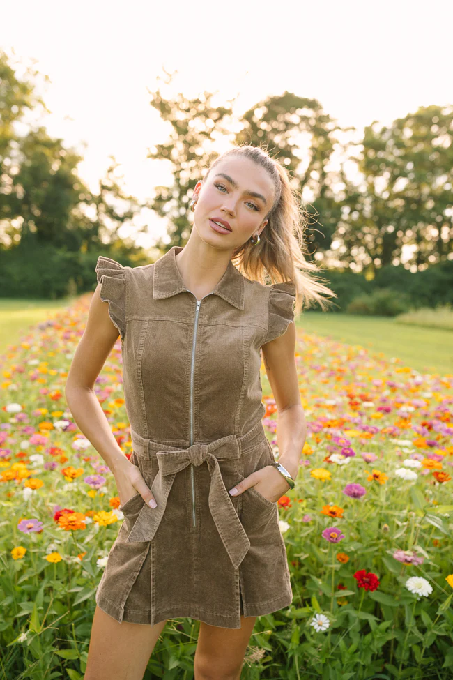 Amelie Brown Corduroy Ruffle Sleeve Romper - Terpint