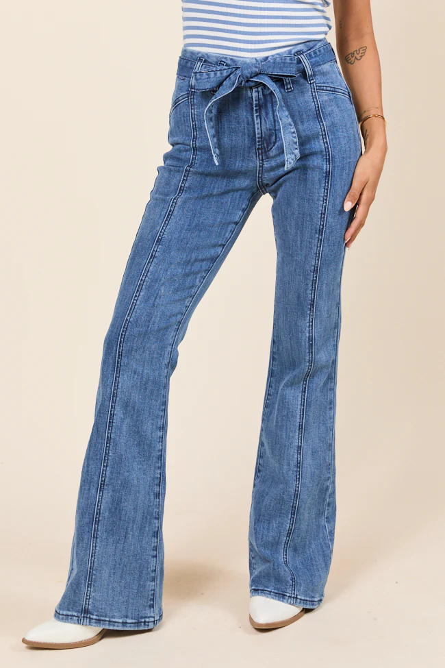 Jocelyn Dark Wash Tie Waist Flare Leg Jeans - Terpint