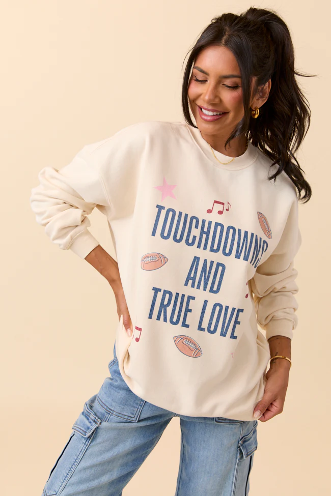Touch Downs And True Love Cream Graphic Sweatshirt - Terpint