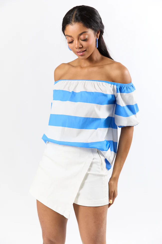 Never Want To Leave Blue Oversized Stripe Off The Shoulder Top FINAL SALE - Terpint