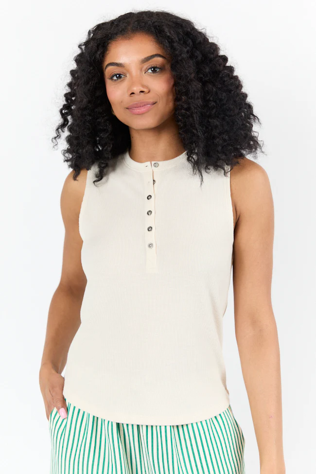Casual Outing Cream Knit Henley Tank FINAL SALE - Terpint