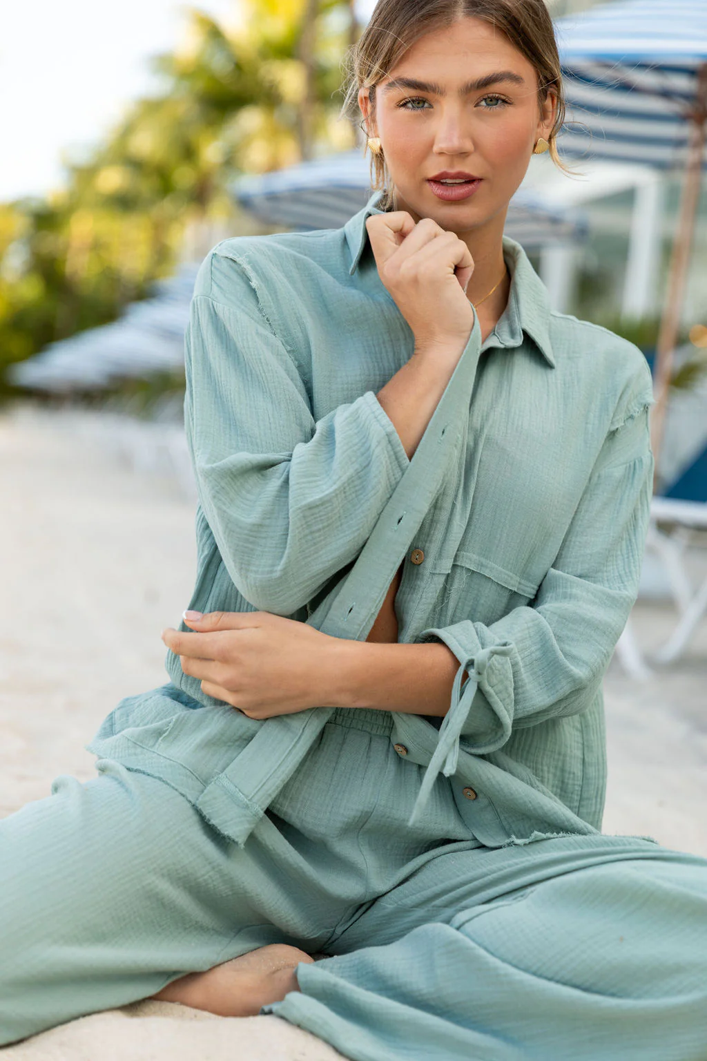 Warmer Weather Sage Gauze Button Down Top DOORBUSTER - Terpint