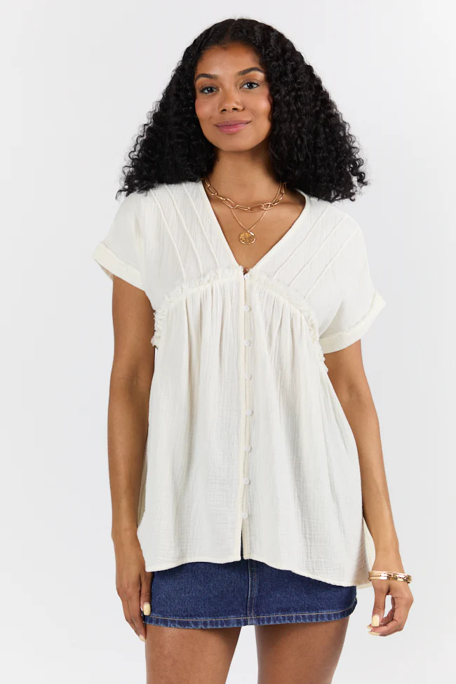 If I Knew Ivory Gauze Button Detail Short Sleeve Top FINAL SALE - Terpint