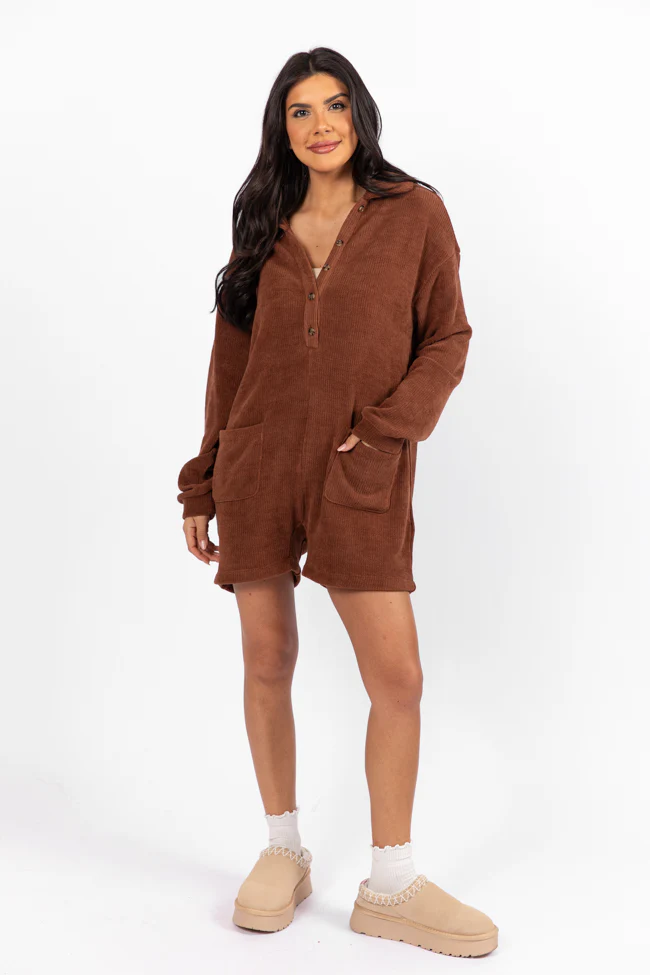 Now Or Never Chestnut Chenille Button Front Romper FINAL SALE - Terpint