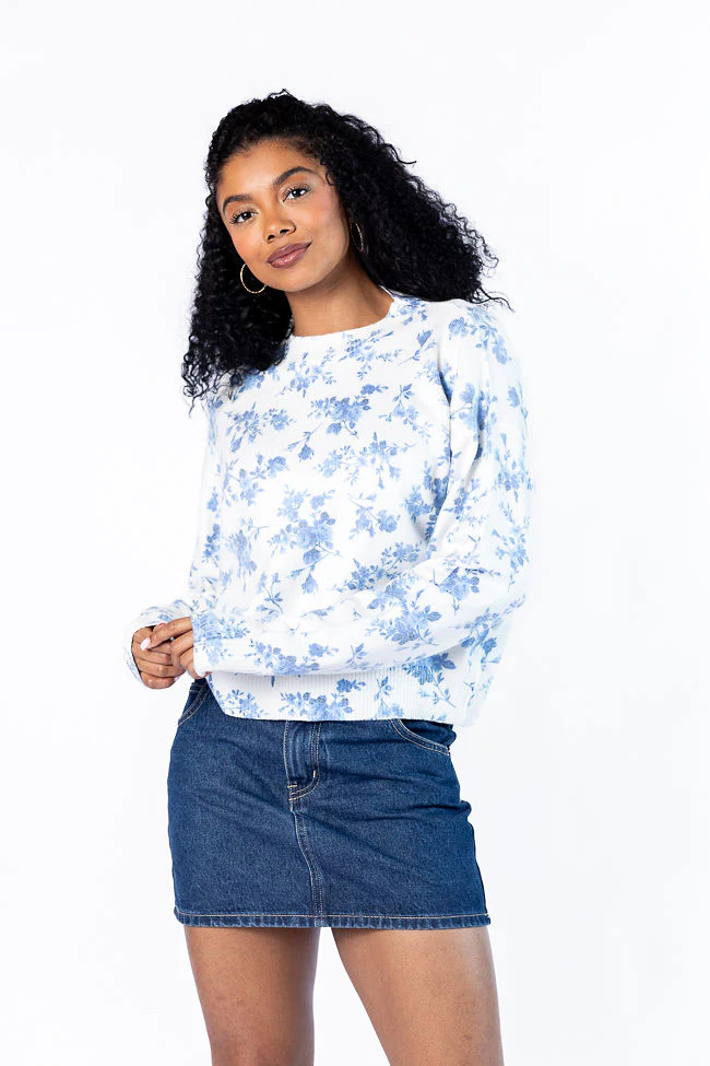 Blooming Love Blue Crew Neck Floral Sweater FINAL SALE - Terpint