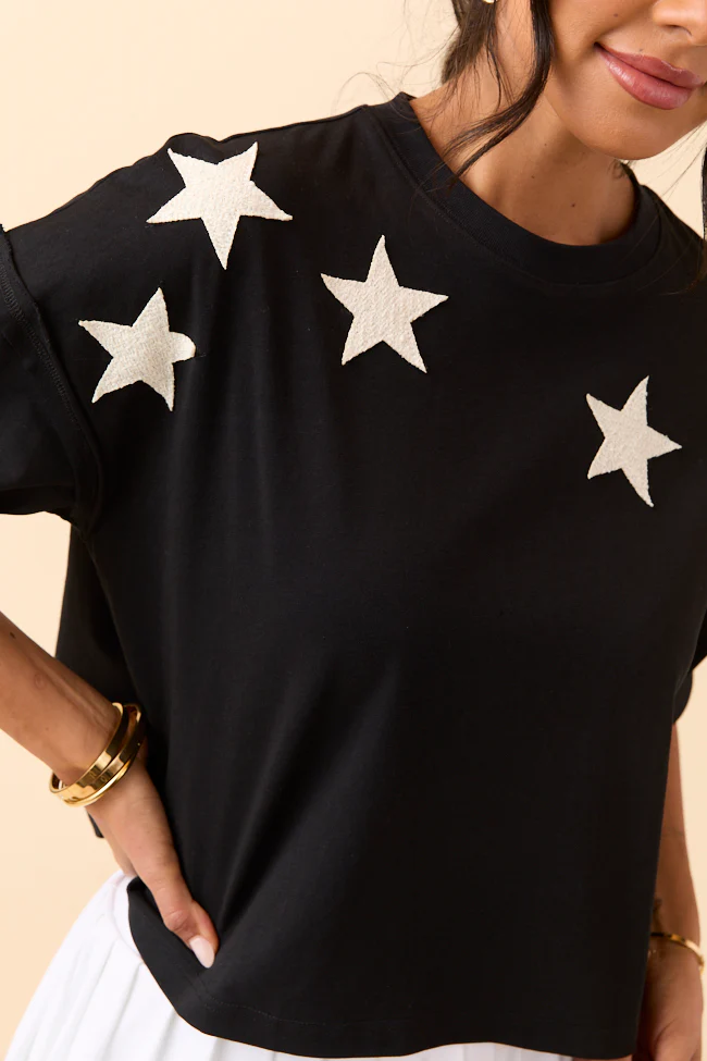 Sally Black Stars Cropped Knit Short Sleeve Top - Terpint
