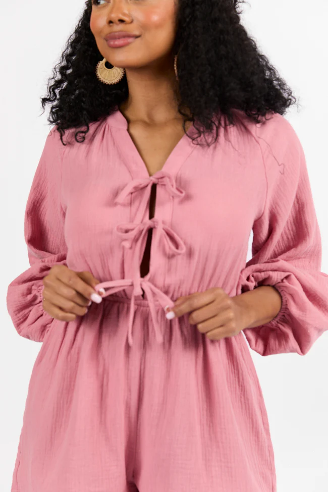 Endless Sunshine Pink Tie Front Long Sleeve Romper FINAL SALE - Terpint