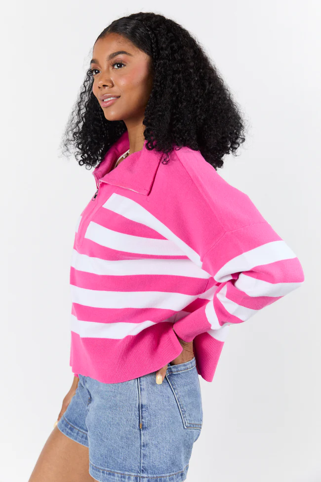 Pulling Heartstrings Hip Length Pink Stripe Quarter Zip Pullover FINAL SALE - Terpint