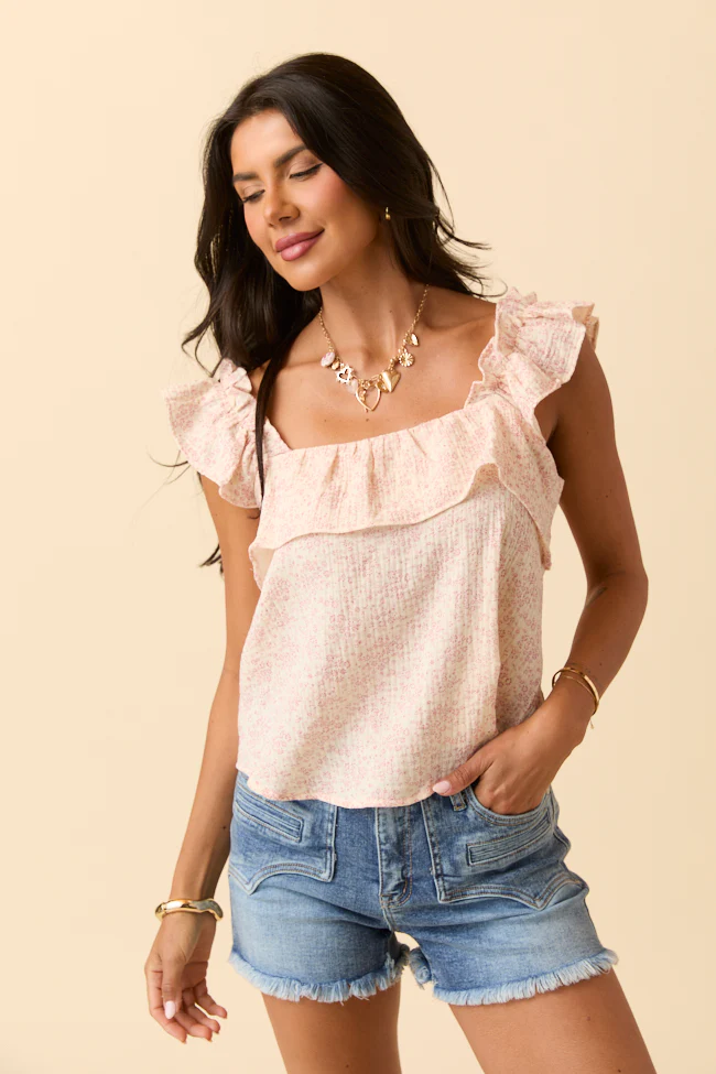 Mary Pink Ditsy Floral Printed Gauze Woven Tank - Terpint